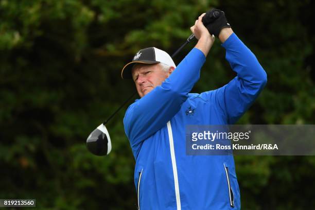 Sandy Lyle of Scotland tees off on the 5th hole during the first round of the 146th Open Championship at Royal Birkdale on July 20, 2017 in...
