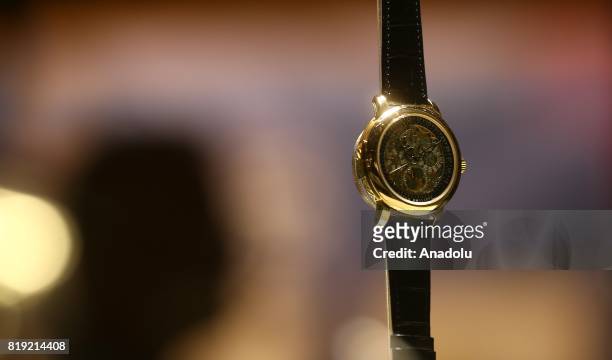 Watch is displayed during a temporary exhibition of Swiss watch producer Patek Philippe, at an Italian restaurant Ciprani in New York, US on July 20,...