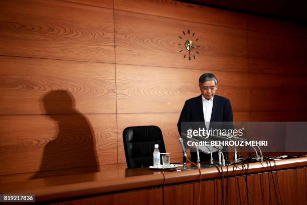 Bank of Japan governor Haruhiko Kuroda attends a press conference in Tokyo on July 20, 2017. The Bank of Japan slashed its annual inflation forecast...