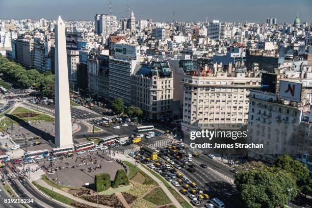 aerial vew of main boulevard, av de 9 julio, with landmark obelisk and cityscape, buenos aires, argentina - avenida 9 de julio stock pictures, royalty-free photos & images