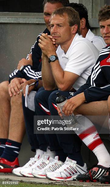 Juergen Klinsmann of Munich gestures during a friendly match between SV Lippstadt 08 and FC Bayern Munich at the 'Am Waldschloesschen' stadium on...