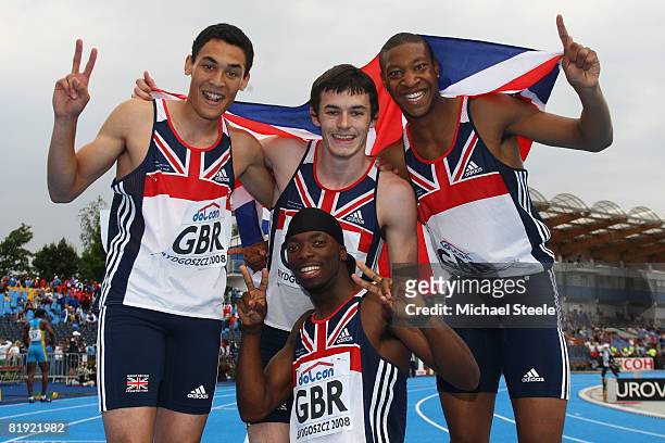Louis Persent ,Jordan McGrath , Robert Davis and Nigel Levine bottom) celebrate winning silver in the men's 4x400m relay final during day six of the...
