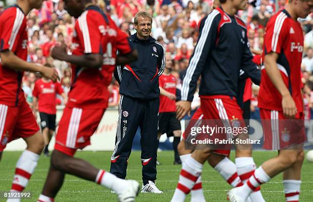 Juergen Klinsmann of Munich gestures prior a friendly match between SV Lippstadt 08 and FC Bayern Munich at the 'Am Waldschloesschen' stadium on July...