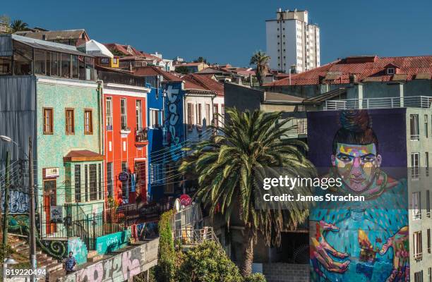 view across the bohemian area of cerro concepcion with street murals, valparaiso, unesco world heritage site, chile - valparaiso chile stock pictures, royalty-free photos & images