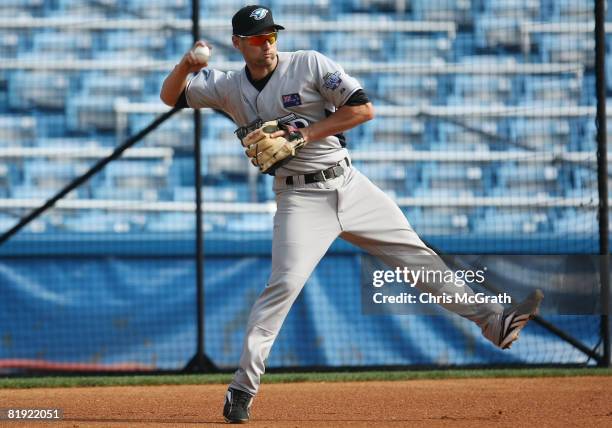 Scott Campbell of the Toronto Blue Jays playing for the World Futures Team takes fielding practice before the 2008 XM All-Star Futures Game at Yankee...