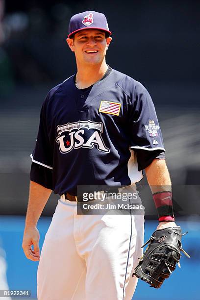 Matt Laporta of the Cleveland Indians playing for the United States Olympic Team looks on while playing against the World Futures Team during the...
