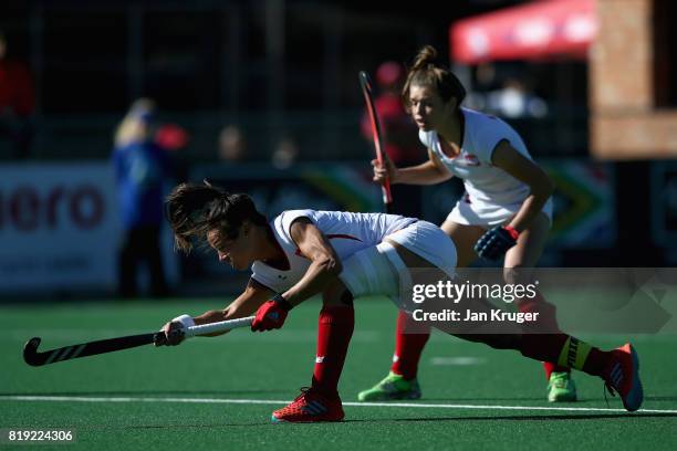 Marlena Rybacha of Poland scores her sides first goal during the 9th/10th Place playoff match between Poland and Chile during Day 7 of the FIH Hockey...