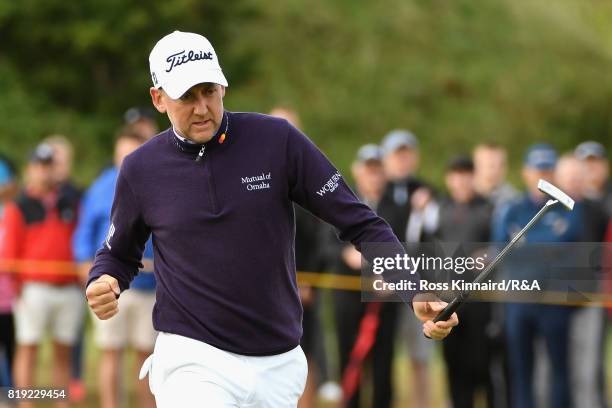 Ian Poulter of England celebrates a birdie on the 4th hole during the first round of the 146th Open Championship at Royal Birkdale on July 20, 2017...