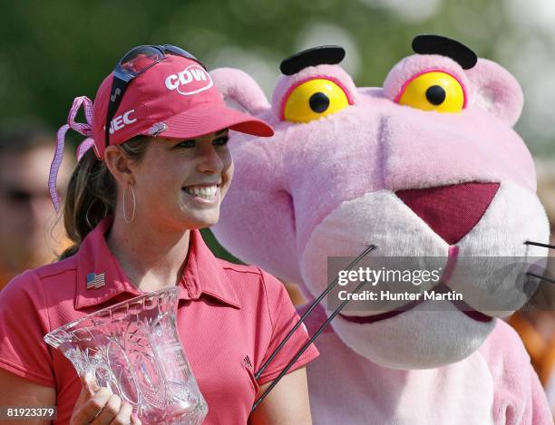 Paula Creamer stands with the Pink Panther after winning the Jamie Farr Owens Corning Classic at Highland Meadows Golf Club on July 13, 2008 in...