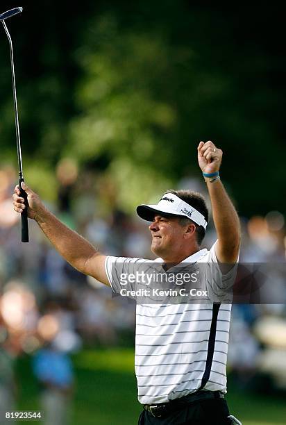 Kenny Perry reacts after winning the 2008 John Deere Classic at TPC at Deere Run on the first sudden death playoff hole on Sunday, July 13, 2008 in...