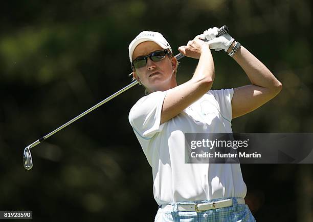 Karrie Webb of Australia hits her tee shot on the 6th hole during the final round of the Jamie Farr Owens Corning Classic at Highland Meadows Golf...