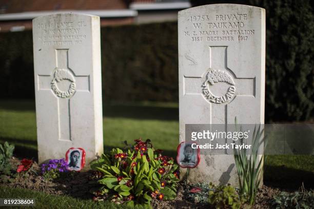 Headstones mark the graves of soldiers from the WW1 Maori Battalion at the Ramparts Cemetery on April 6, 2017 in Ypres, Belgium. July 31st marks the...