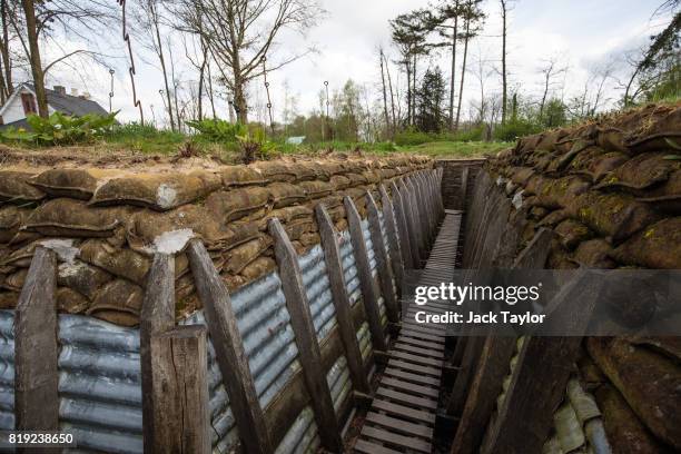 Reconstructed trench network is pictured at the Memorial Museum Passchendaele 1917 on April 5, 2017 in Zonnebeke, Belgium. July 31st marks the...