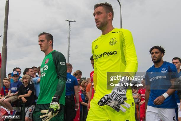 Goalkeeper John Brondeel of FC Twente, goalkeeper Maarten Stekelenburg of Everton FC during the friendly match between FC Twente and Everton FC at...