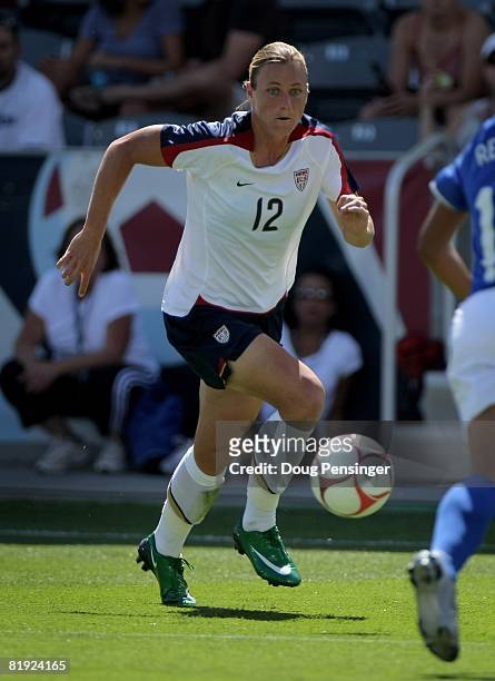 Abby Wambach of the United States controls the ball against Brazil during action at Dick's Sporting Goods Park on July 13, 2008 in Commerce City,...