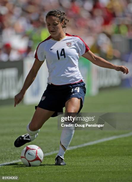 Stephanie Cox of the United States controls the ball against Brazil during action at Dick's Sporting Goods Park on July 13, 2008 in Commerce City,...