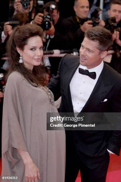 Actors Angelina Jolie and Brad Pitt attend the "Changeling" premiere at the Palais des Festivals during the 61st Cannes International Film Festival...
