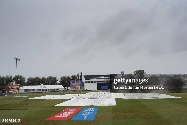 General view of the ground under rain covers before The Womens World Cup 2017 Semi-Final between Australia and India at The County Ground on July 20,...