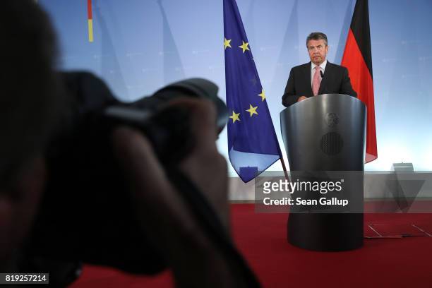 German Foreign Minister Sigmar Gabriel speaks to the media following the arrest in Turkey of yet another German citizen on charges of supporting...