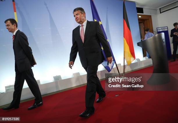 German Foreign Minister Sigmar Gabriel departs after speaking to the media following the arrest in Turkey of yet another German citizen on charges of...