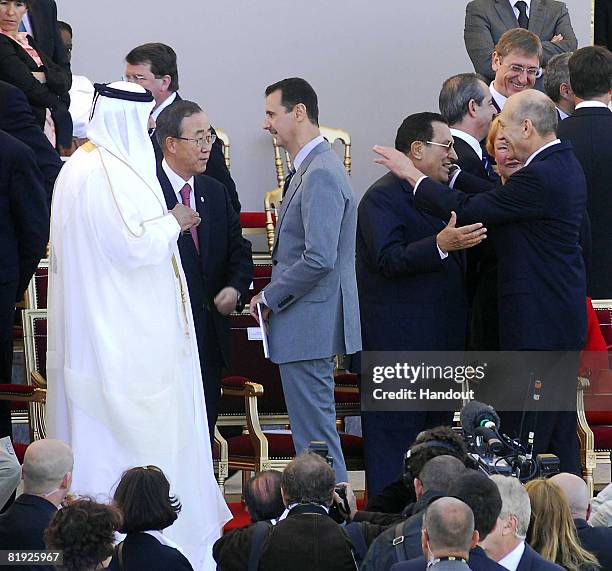 In this handout photo provided by the Israeli Government Press Office , guest of honor United Nations Secretary General Ban Ki-moon speaks with...