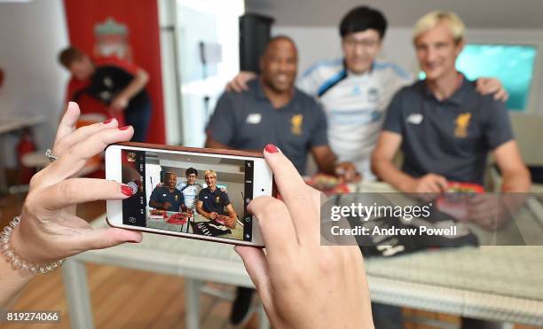 John Barnes and Sami Hyypia legends of Liverpool during a meet and greet on July 20, 2017 in the Hong Kong Supporters Club, Hong Kong.