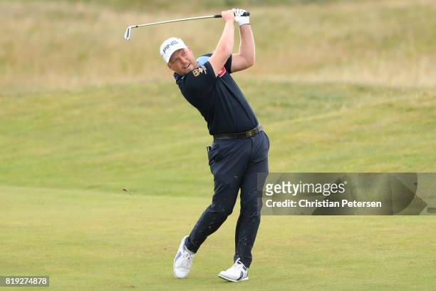 Adam Hodkinson of England hits his second shot on the 2nd hole during the first round of the 146th Open Championship at Royal Birkdale on July 20,...
