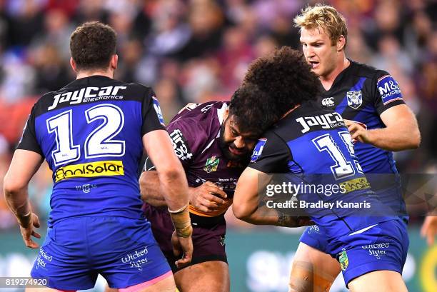 Sam Thaiday of the Broncos takes on the defence during the round 20 NRL match between the Brisbane Broncos and the Canterbury Bulldogs at Suncorp...