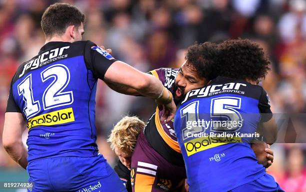 Sam Thaiday of the Broncos takes on the defence during the round 20 NRL match between the Brisbane Broncos and the Canterbury Bulldogs at Suncorp...