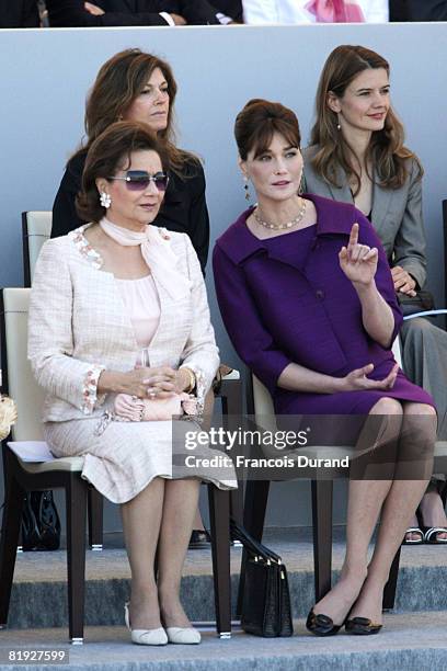 Carla Bruni-Sarkozy and Egyptian President Hosni Mubarak's wife Suzanne Mubarak attend the ceremony of the Bastille Day, on July 14, 2008 in Paris....