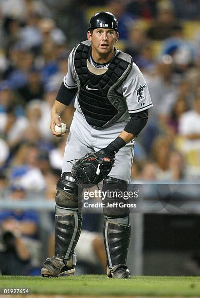 John Baker of the Florida Marlins on the field during the game against the Los Angeles Dodgers at Dodger Stadium on July 10, 2008 in Los Angeles,...