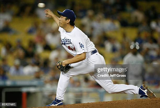 Takashi Saito of the Los Angeles Dodgers pitches against the Florida Marlins during the game at Dodger Stadium on July 10, 2008 in Los Angeles,...