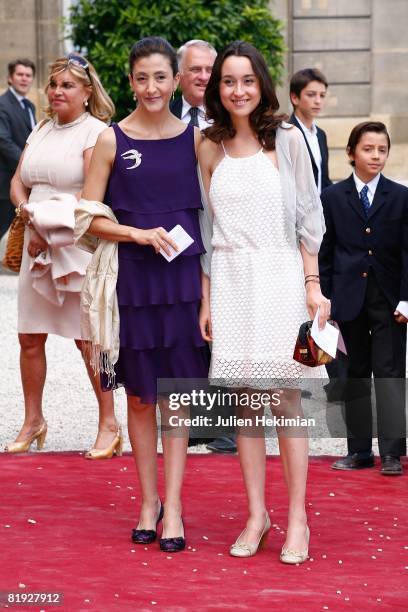 Ingrid Betancourt and her daughter Melanie Betancourt arrive in the courtyard of the elysee before the surrender ceremony decorations where she will...