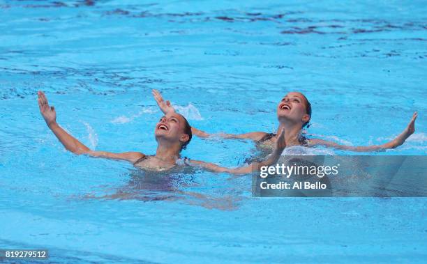 Alexandra Nemich and Yekaterina Nemich of Kazakhstan compete during the Synchronized Swimming Duet Free final on day seven of the Budapest 2017 FINA...