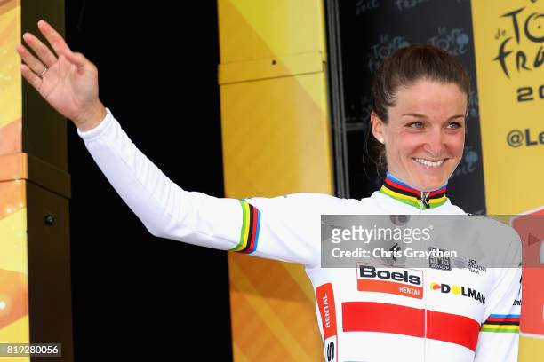 Second placed finisher Lizzie Deignan of Great Britain and Boels Dolmans CyclingTeam celebrates on the podium on the first stage of the 4th La Course...
