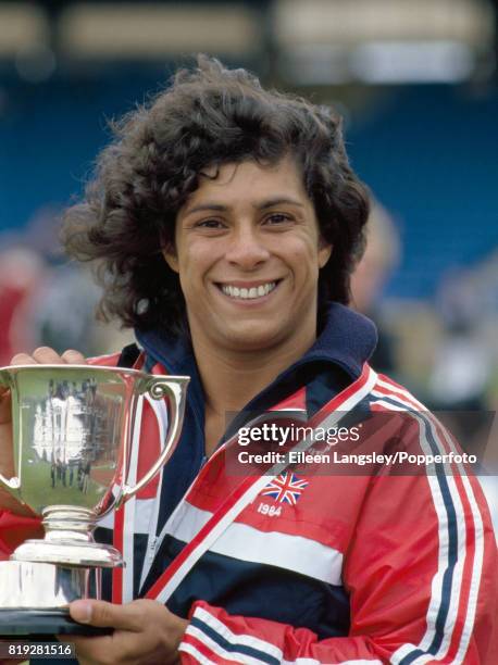 Fatima Whitbread of Great Britain after winning the women's javelin competition during the WAAA Championships at the Crystal Palace in London, circa...
