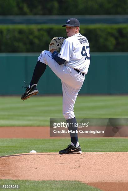 Eddie Bonine of the Detroit Tigers pitches during his Major League debut against the Los Angeles Dodgers at Comerica Park in Detroit, Michigan on...