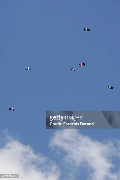 European Army paratroopers prepare to land in the Champs Elysees during the ceremony of the Bastille Day, on July 14, 2008 in Paris.The Union of the...