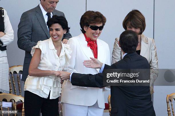 French Justice Minister Rachida Dati and French Sports minister Roselyne Bachelot attend the ceremony of the Bastille Day, on July 14, 2008 in Paris....