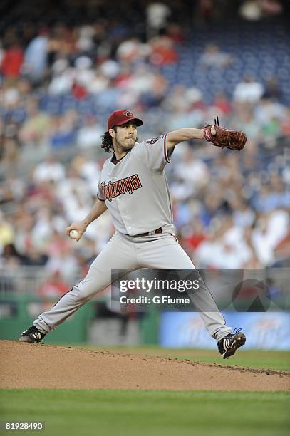 Dan Haren of the Arizona Diamondbacks pitches against the Washington Nationals July 10, 2008 at Nationals Park in Washington, DC.