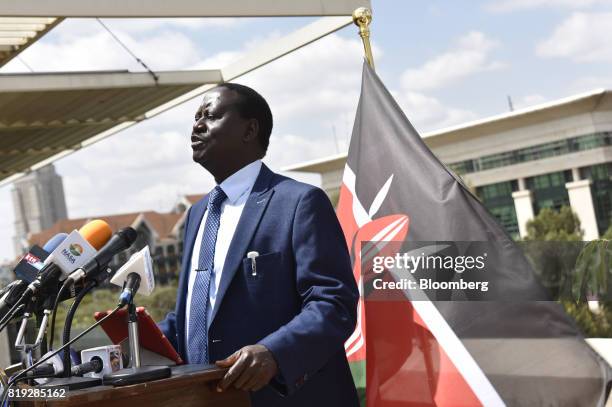 Raila Odinga, opposition leader and presidential candidate for the National Super Alliance , speaks during a news conference at his headquarters in...