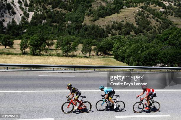 Thomas Voeckler of France riding for Direct Energie, Andrey Grivko of Ukraine riding for Astana Pro Team and Lars Ytting Bak of Denmark riding for...