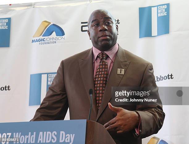 Earvin "Magic" Johnson attends The Abbott and Magic Johnson Foundation "I Stand With Magic Program: Campaign To End Black AIDS" Press Conference at...