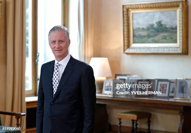 Picture taken on July 17, 2017 shows King Filip-Philippe of Belgium posing at the Royal Palace in Brussels during the recording of his annual...