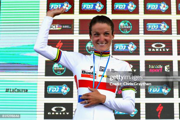 Second placed finisher Lizzie Deignan of Great Britain and Boels Dolmans CyclingTeam celebrates on the podium on the first stage of the 4th La Course...