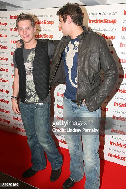 Hollyoaks actors James Sutton and Jake Hendriks arrive for the Inside Soap Awards Launch Party at the John Street Hotel on July 14, 2008 in...