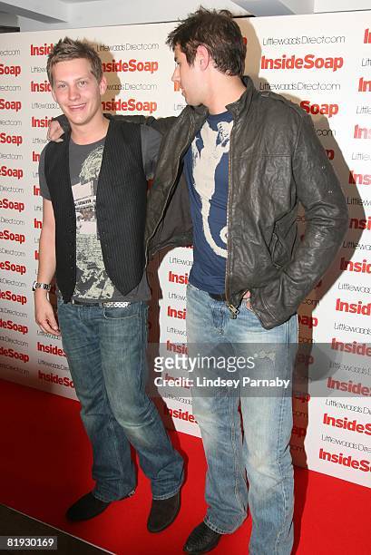 Hollyoaks actors James Sutton and Jake Hendriks arrive for the Inside Soap Awards Launch Party at the John Street Hotel on July 14, 2008 in...