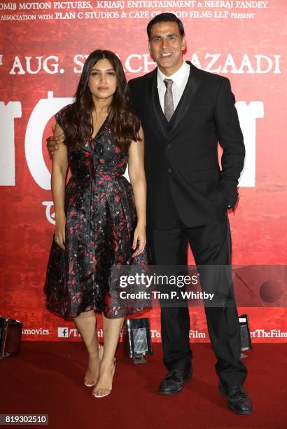 Actors Bhumi Pednekar and Akshay Kumar attending the 'Toilet: Ek Prem Katha ' Photocall, the worlds first feature film on the open-defecation crisis,...