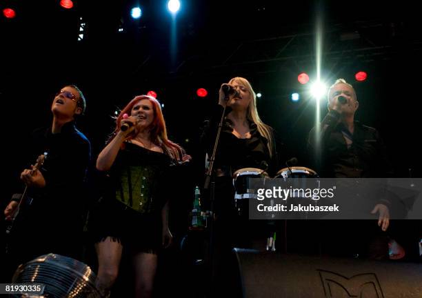 Singer Fred Schneider, Cindy Wilson, Kate Pierson and guitarist Keith Strickland of the US Rock band 'The B-52's' perform live during a concert at...