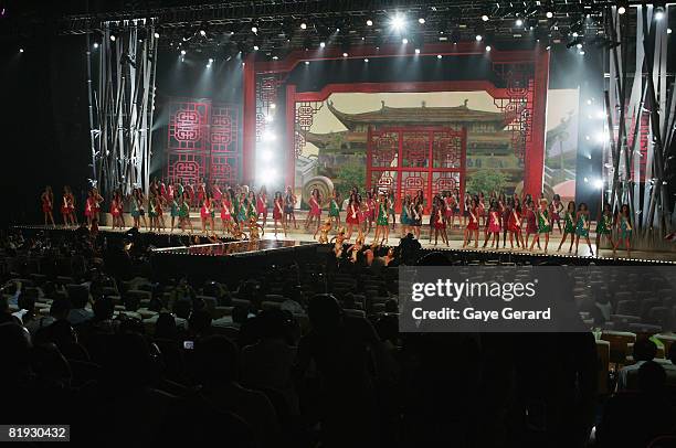 General view of the Miss Universe participants on stage during the 57th Annual Miss Universe Competition at the Crown Convention Centre on July 14,...
